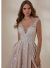 Deep V Neck Beaded Lace Tulle Tie Back Slit Wedding Dress